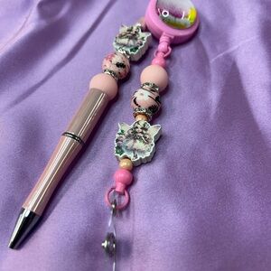 Pink Fairy Bead Retractable Badge Reel with Matching Pink Pen